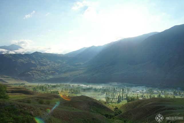 Kyzyl-Oi in Kyrgyzstan shrouded in early morning mist