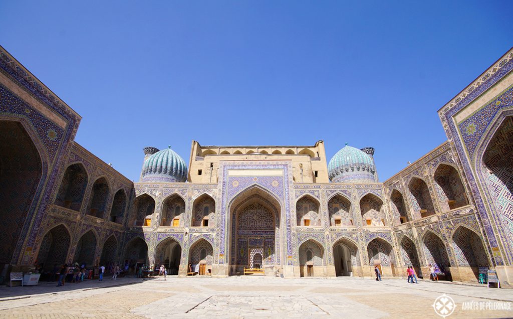 The courtyard of the Sher-Dor Madrasah courtyard with cells for the pubils in Samarkand