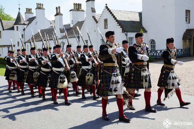 The atholl highlanders private army in front of Blair Castle Scotland