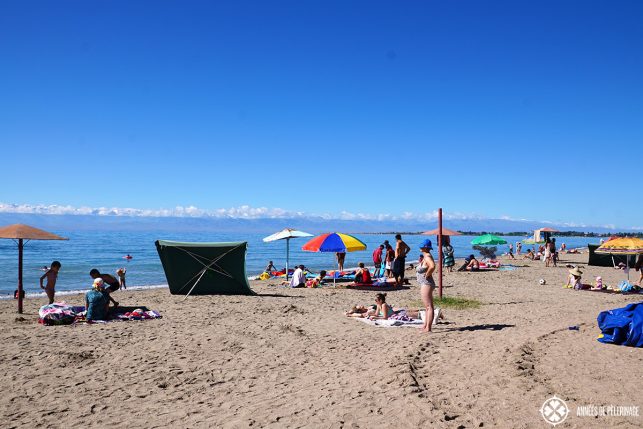 The beach in Tamshy, Kyrgyzstan. Located at the issyk-kul lake, many locals come here in summer