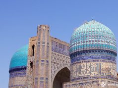 blue tiled domes of the Bibi-Khanym Mosque in Samarkand, Uzbekistan