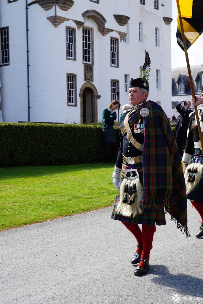 The duke of atholl in front of Blair castle near Blair Atholl, Scotland