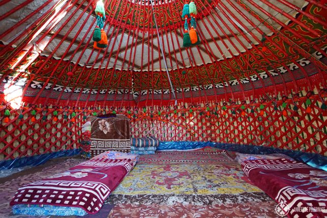 Inside a traditional yurt in Kyrgyzstan. You actually sleep on felt mattresses on the ground.