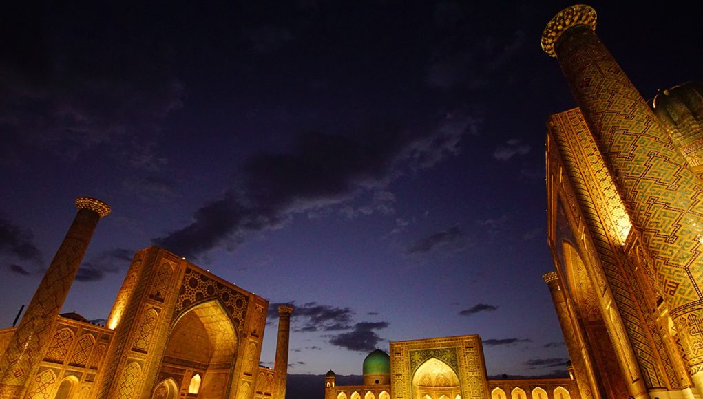 The Registan Ensemble in Samarkand, Uzbekistan, at night