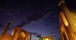 The Registan Ensemble in Samarkand, Uzbekistan, at night