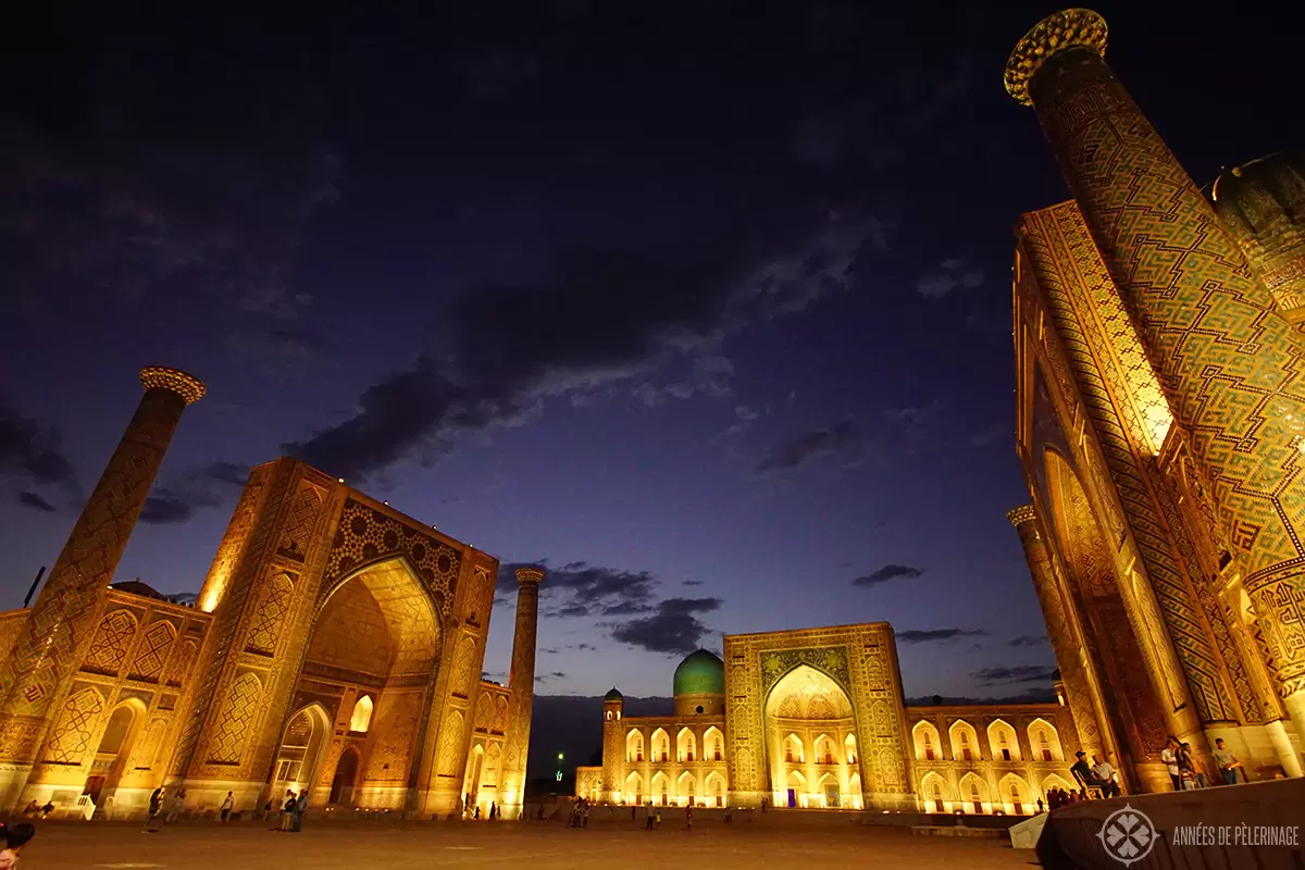 The Registan Ensemble in Samarkand, Uzbekistan, at night