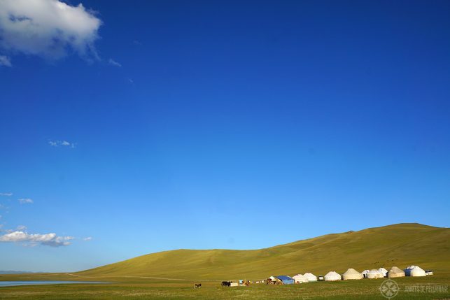 A traditional yurt camp in Kyrgyzstan near a mountain lake