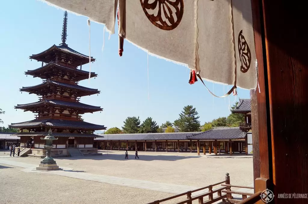 Horu-ji temple in Nara as seen through the colonade of the temple from the 6th century AD