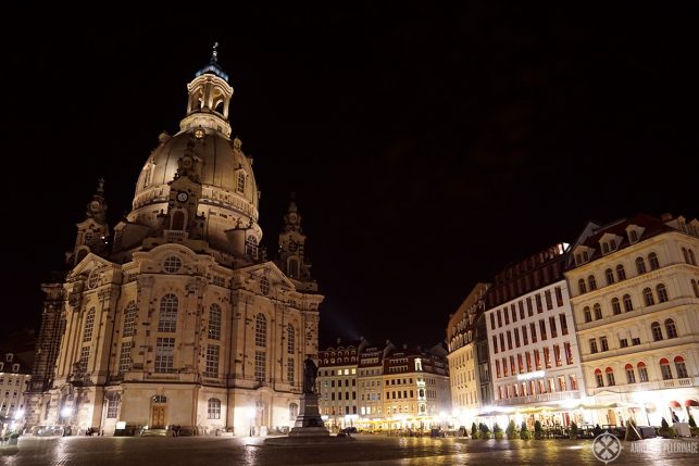 The Frauenkirche in Dresden at night illuminated by thousands of lights