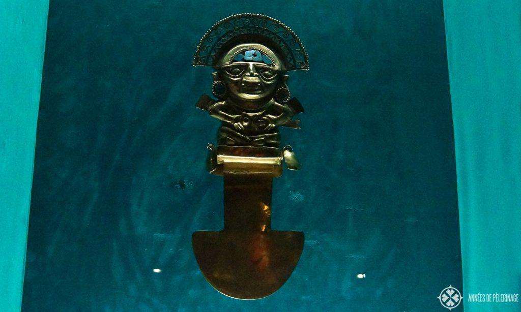 A golden ceremonial knife inside the museo oro del peru in Lima