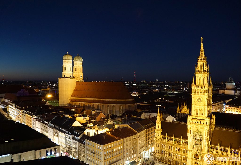 The Frauenkirche in Munich at night as seen from the top of the old pete clock tower