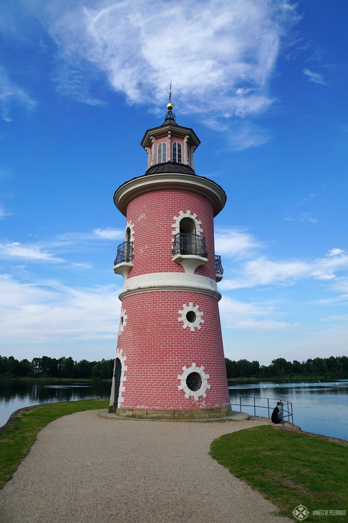 The pink lighthouse in the park of the Moritzburg water castle near Dresden, Germany