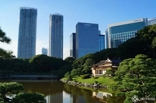 The teahouse in the Hama Riyku garden in Tokyo, Japan