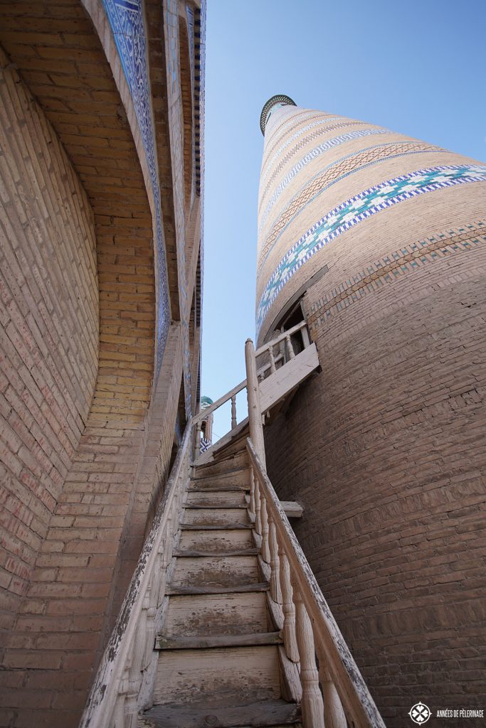Climbing the Minaret Islam-Khodja complex in Khiva, Uzbekistan