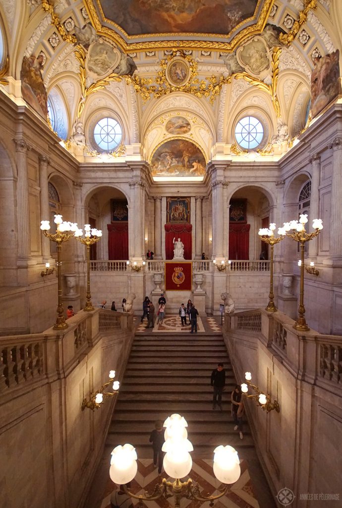 The main staircase inside the Royal Palace in Madrid, Spain