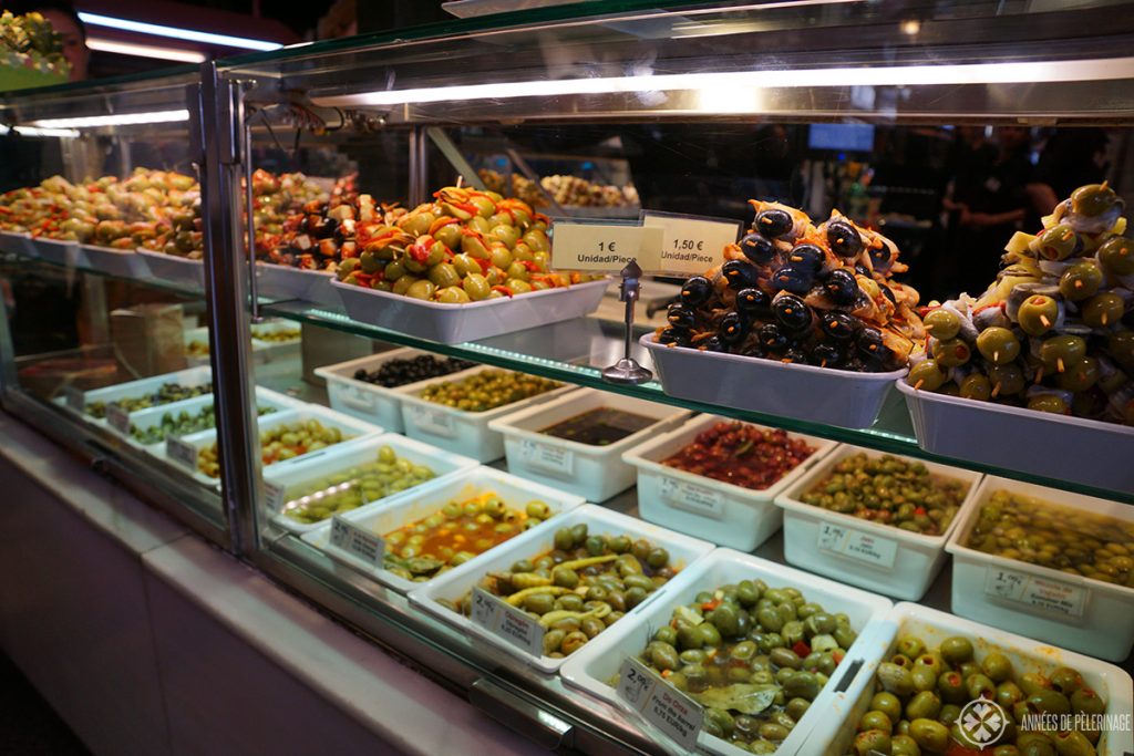 A tapas bar with a lot of kinds of olives in Madrid, Spain