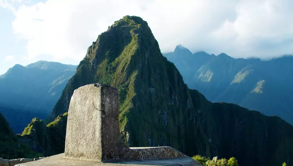 The Intihuatana stone casting its shadow close to solstice in Machu Picchu, Peru