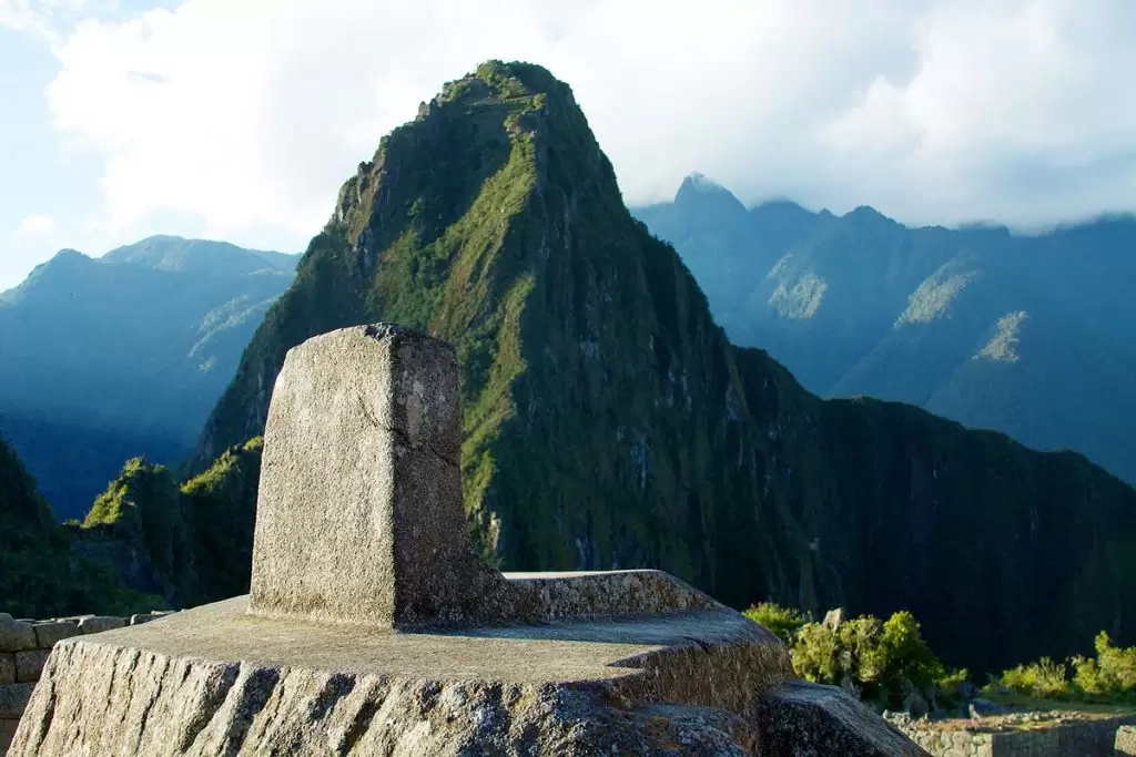 The Intihuatana stone casting its shadow close to solstice in Machu Picchu, Peru