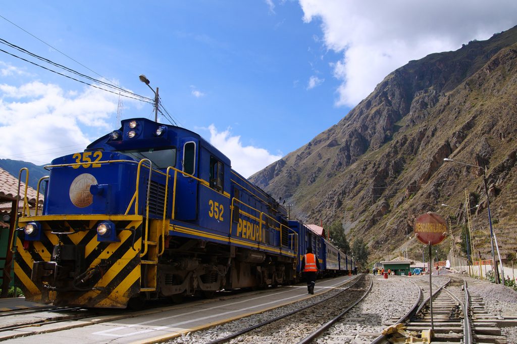 The PeruRail train from Cusco to Machu Picchu at the train station in Ollantaytambo
