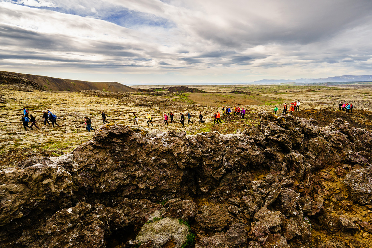 A group of wanders walking through a valley in Iceland - all wearing hiking boots and some with walking sticks