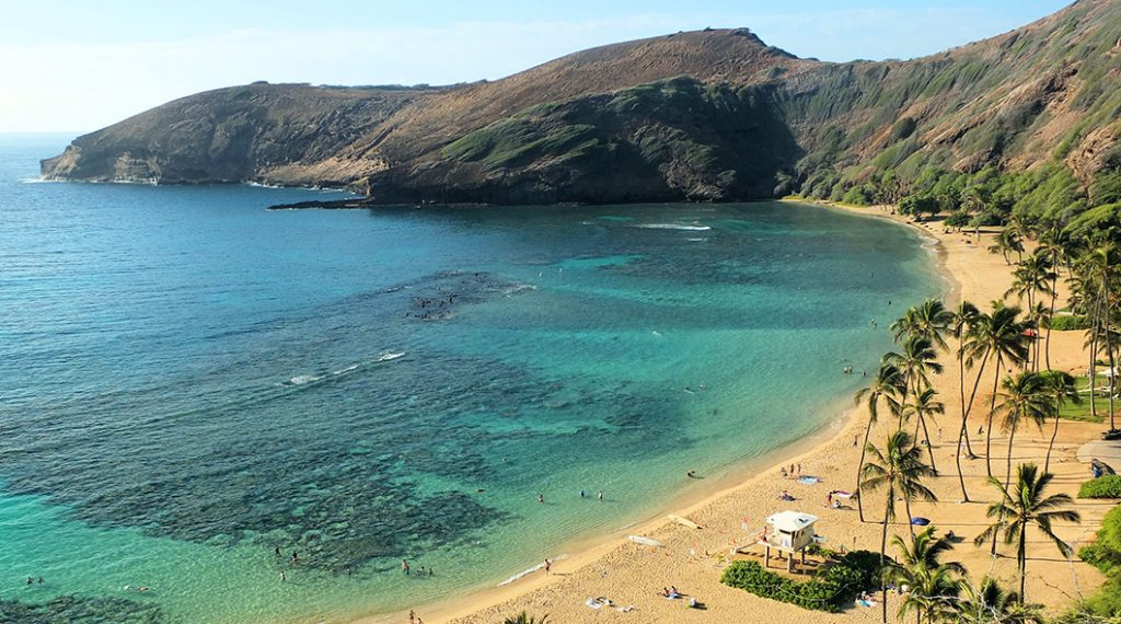 The beach at the Hanauma Bay Nature Preserve, Oahu as seen from above