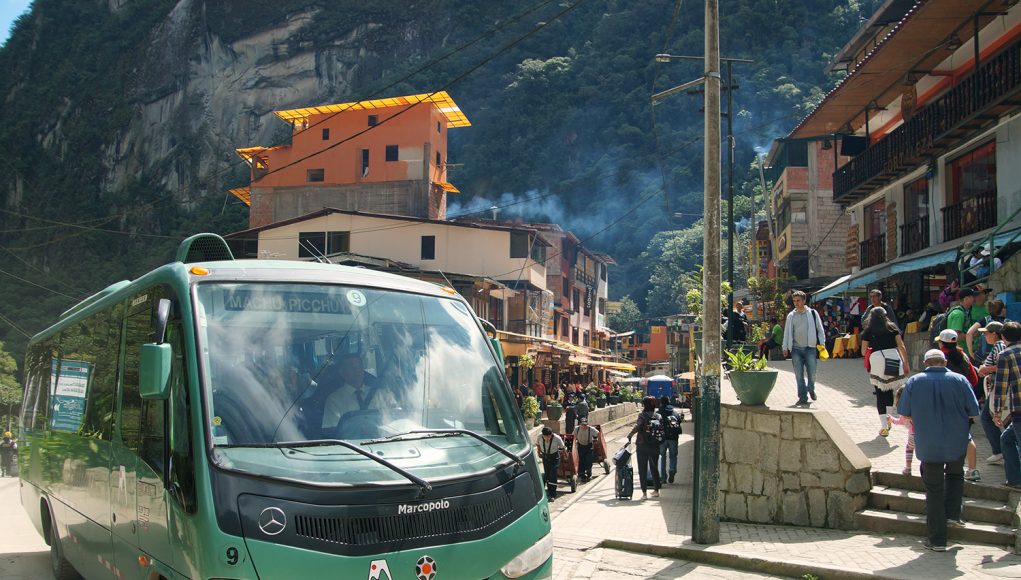 The bus from Aguas Calientes on its way to the Inca ruins of Machu Picchu