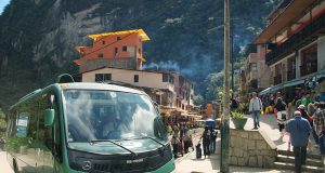 The bus from Aguas Calientes on its way to the Inca ruins of Machu Picchu