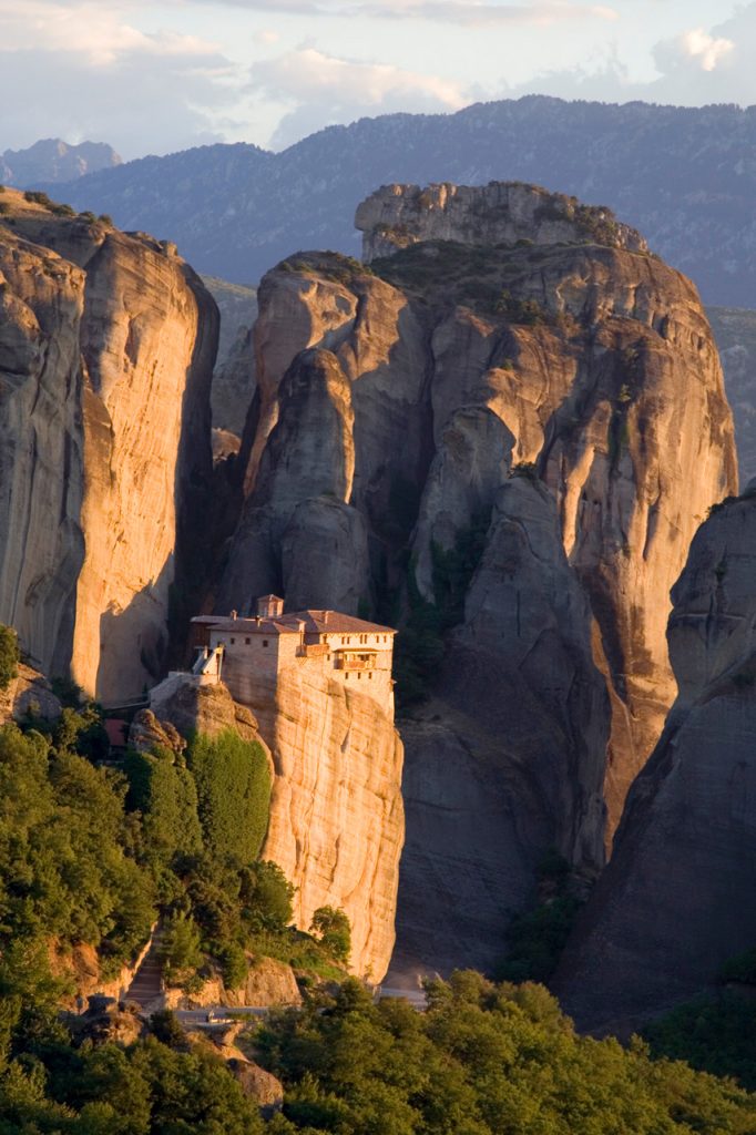 monasteries on high stone cliffs in Meteora, Greece