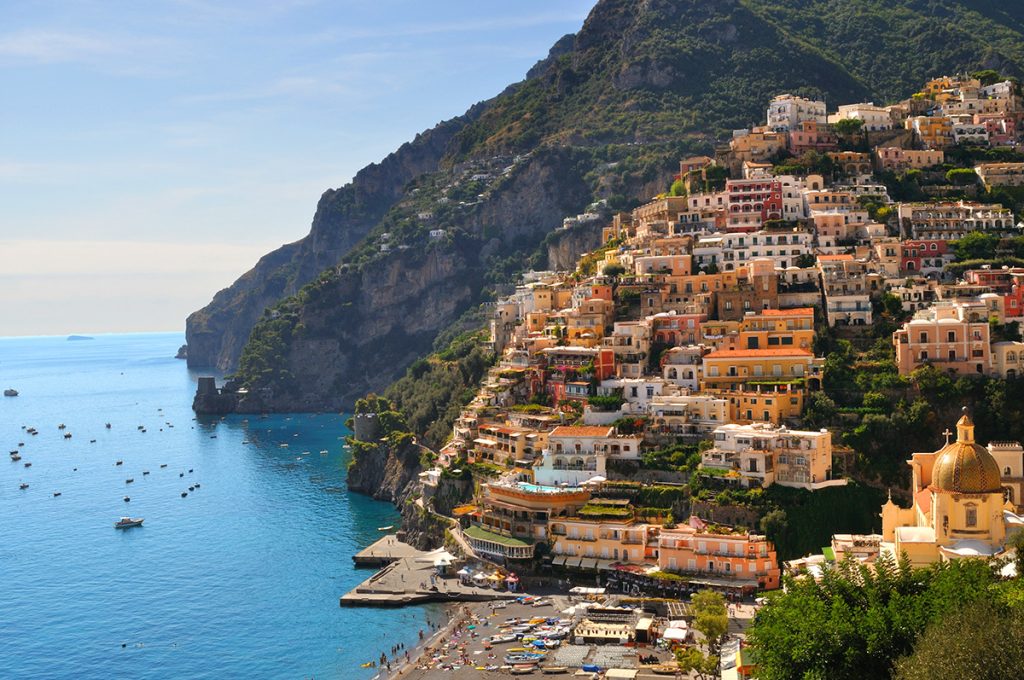 Colorful houses in the harbor town of Positano in Italy on the famous Amalfi coast.