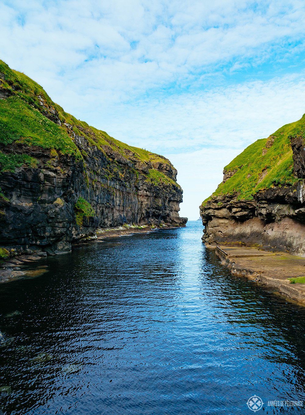 The flooded gorge at the village of Gjógv in Faroe Islands