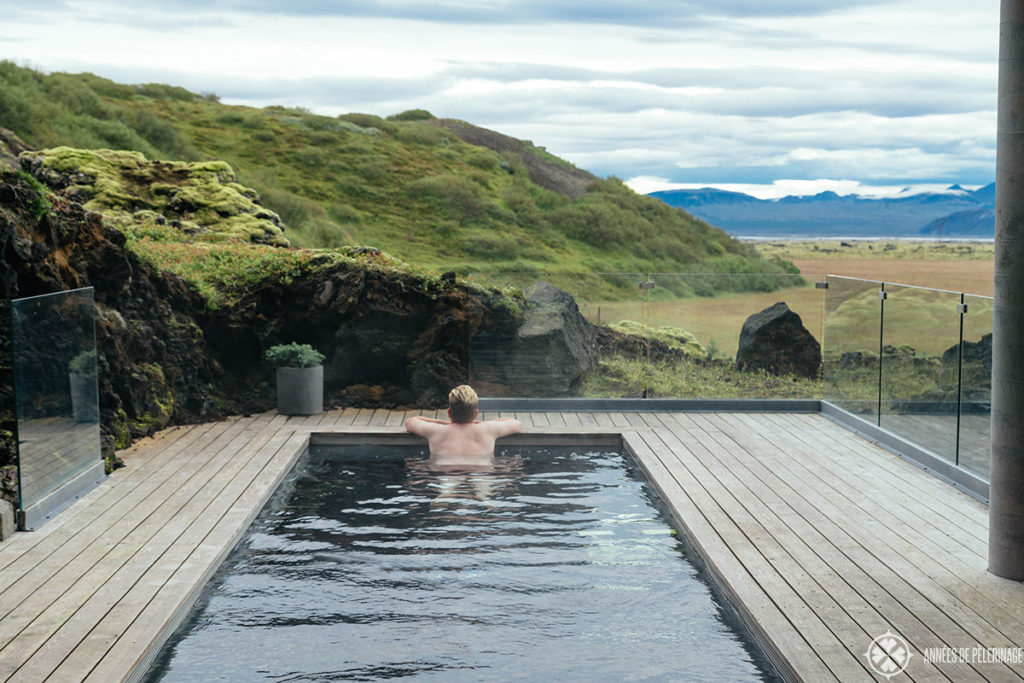 Me enjoying the view from the pool of the Ion Adventure Hotel in Iceland