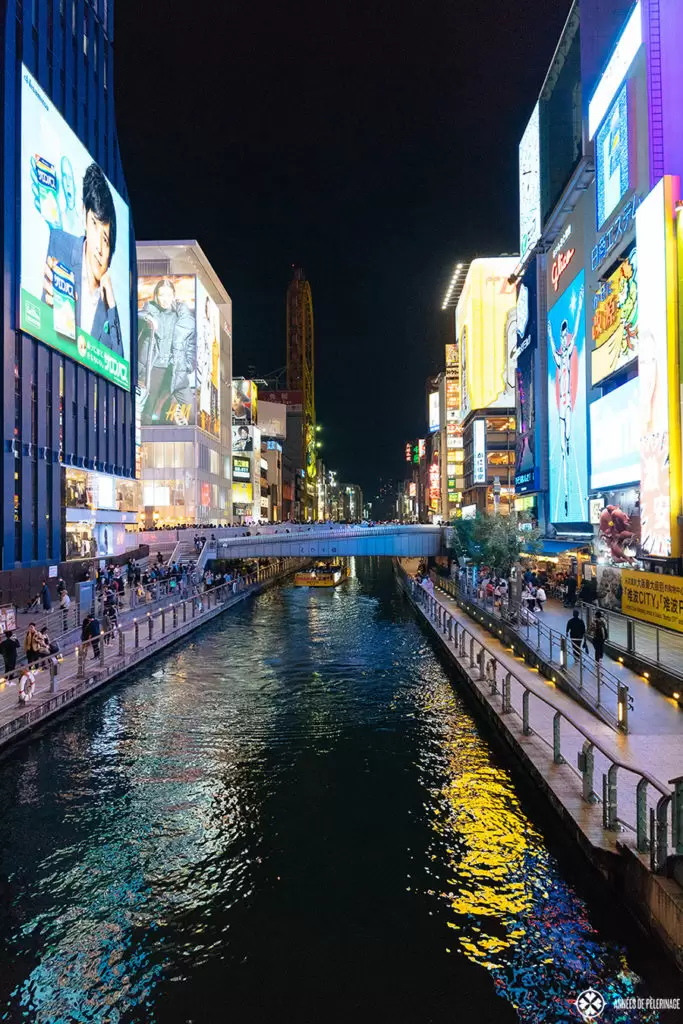 The bridges over the channel in the dotombori district in Osaka at night