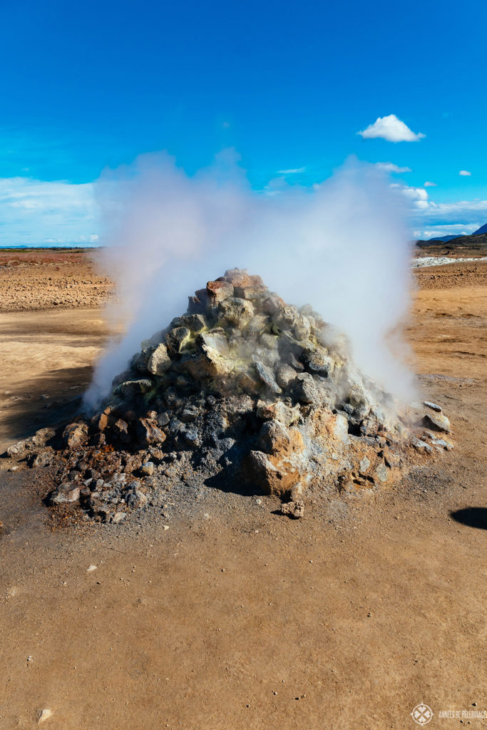 A fuming steam vent in the Hverir geothermal area in Iceland, near lake Myvatn