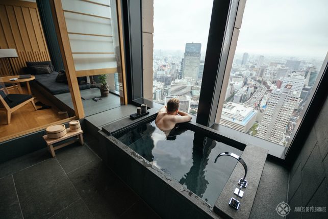 Enjoying the view from the bathroom of my premier room at the Aman Tokyo luxury resort