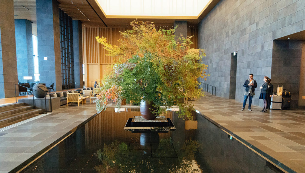 A flower arrangement inside the lobby of the Aman Tokyo
