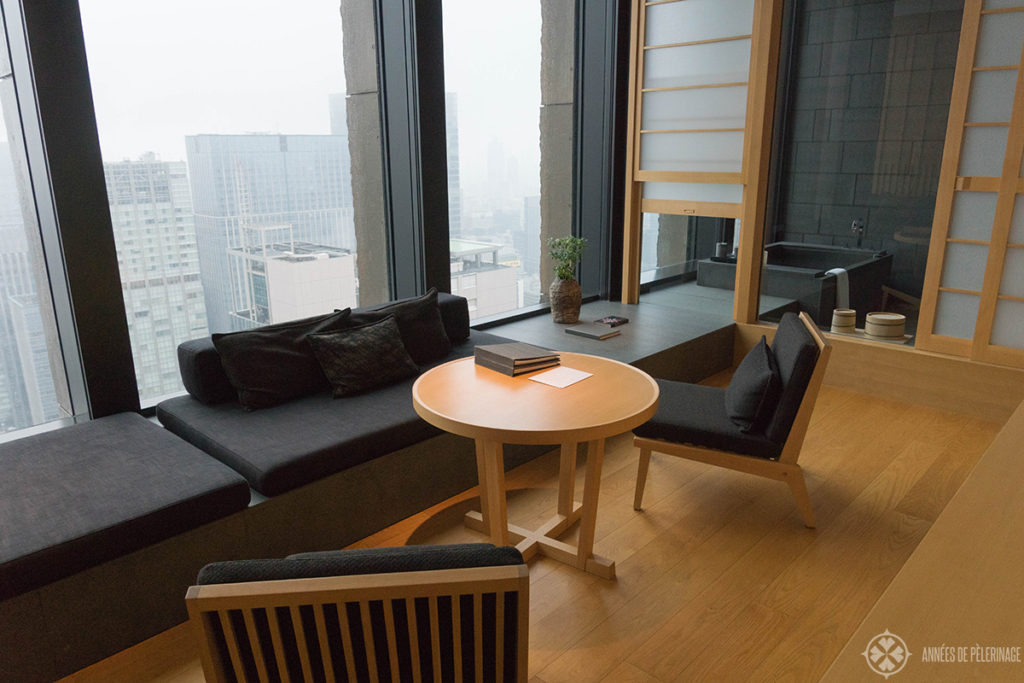 The sitting area of the rooms of the Aman Tokyo luxury hotel
