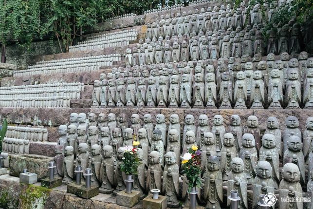 hundreds of small Jizō statues atHase-dera temple in Kamakura, Japan