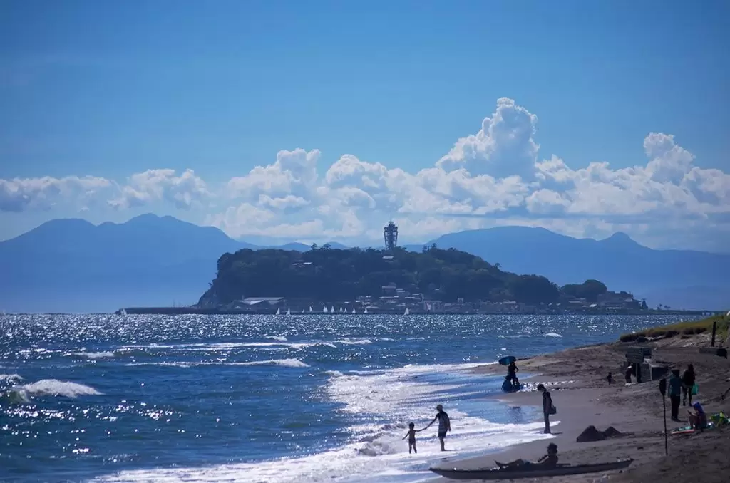 Enoshima Island and enoshima beach as seen from Kamakura