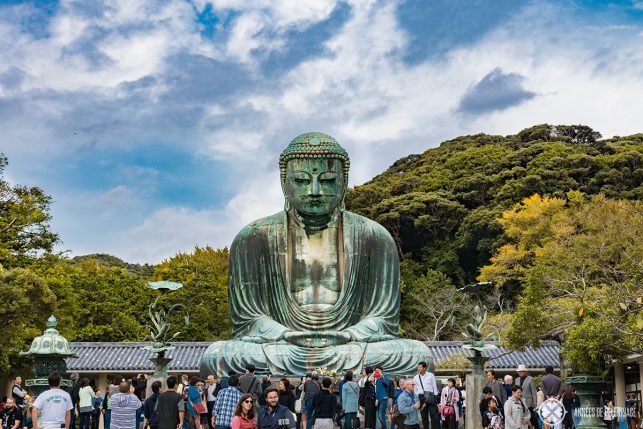 The great Buddha of Kamakura, goes by the japanese name Daibutsu, and is one of the top points of interests in Kamakura and will be featured in all the japan travel guides