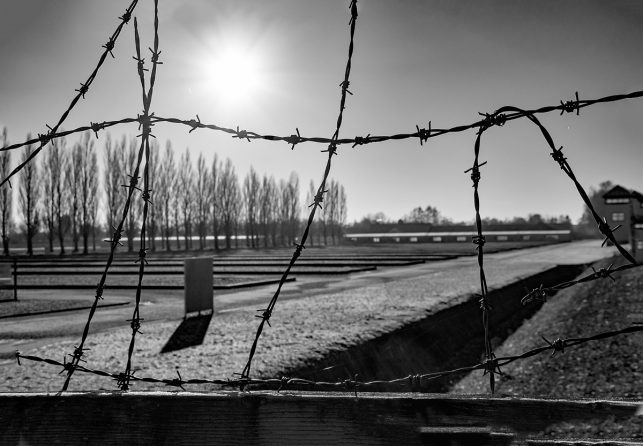 Dachau concentration camp as seen through the mesh wire fence