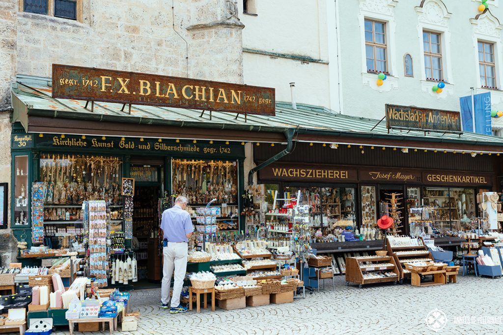 A traditional souvenir shop selling candles and other pilgrimage items in Altöttingen, Germany