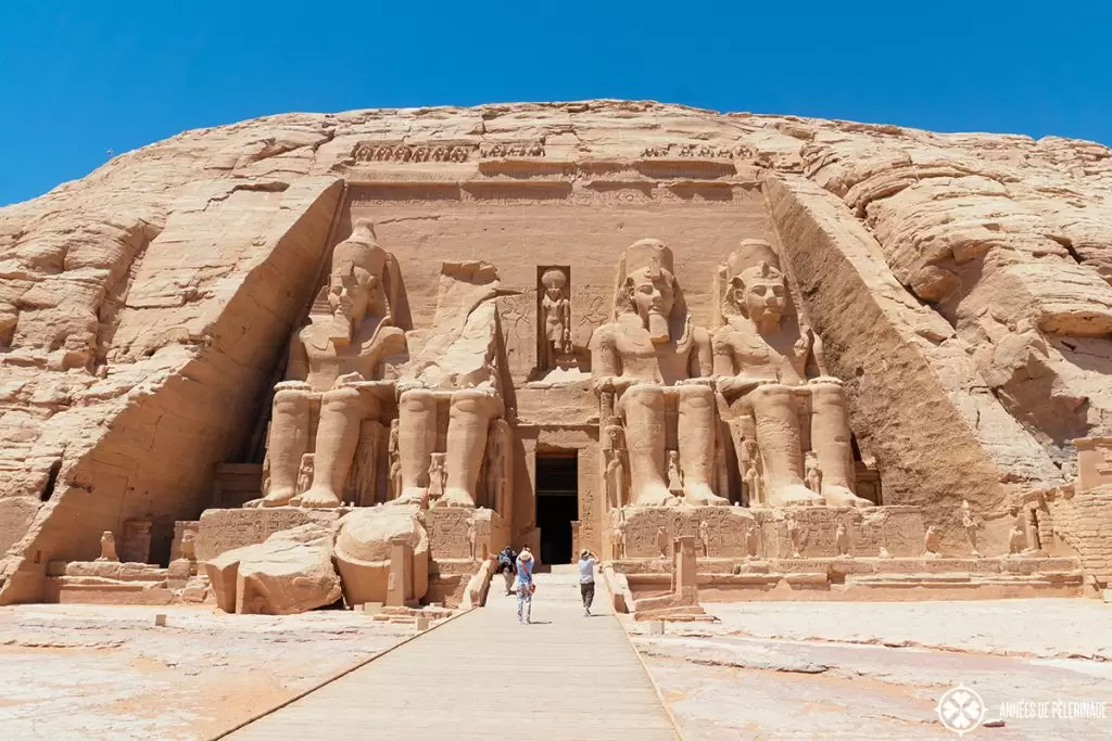 Front view of Abu Simbel with the gigantic statues of Ramses II