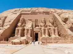 Front view of Abu Simbel with the gigantic statues of Ramses II
