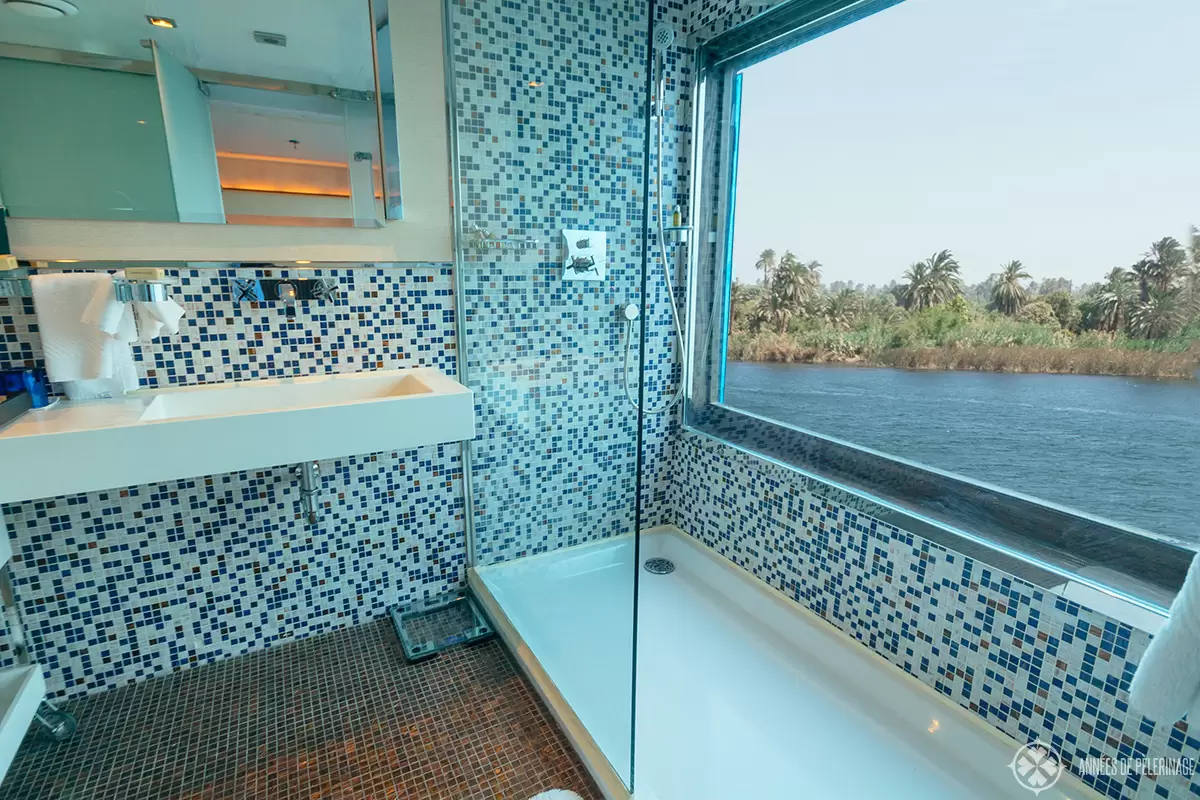 The bathroom of the Oberoi Zahara luxury Nile cruise ship in Egypt with huge panoramic windows