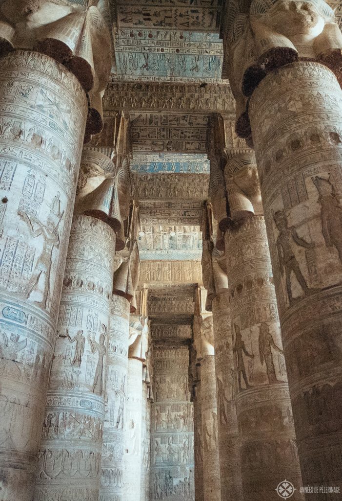 Hypostyle Hall of Dendara Temple - the most colorful and intact columns in Egypt