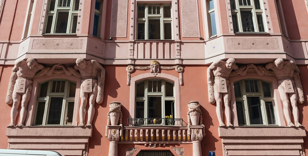 A beautiful Art Nouveau facade in the Jewish Quarter of Prague