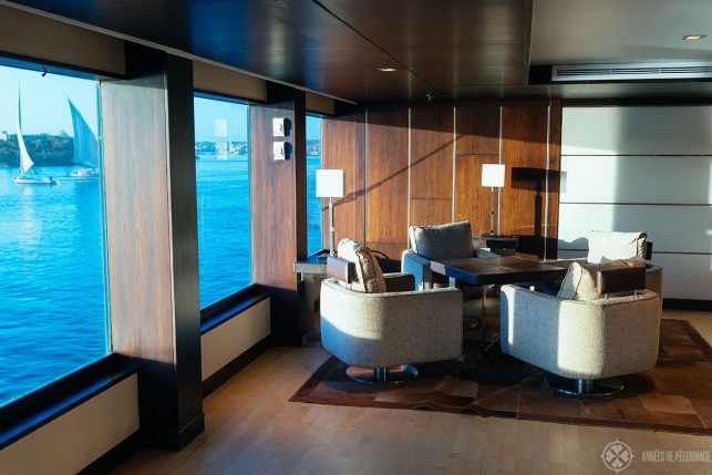 A sitting area on the second deck of the Oberoi Zahara luxury Nile cruise ship in Egypt