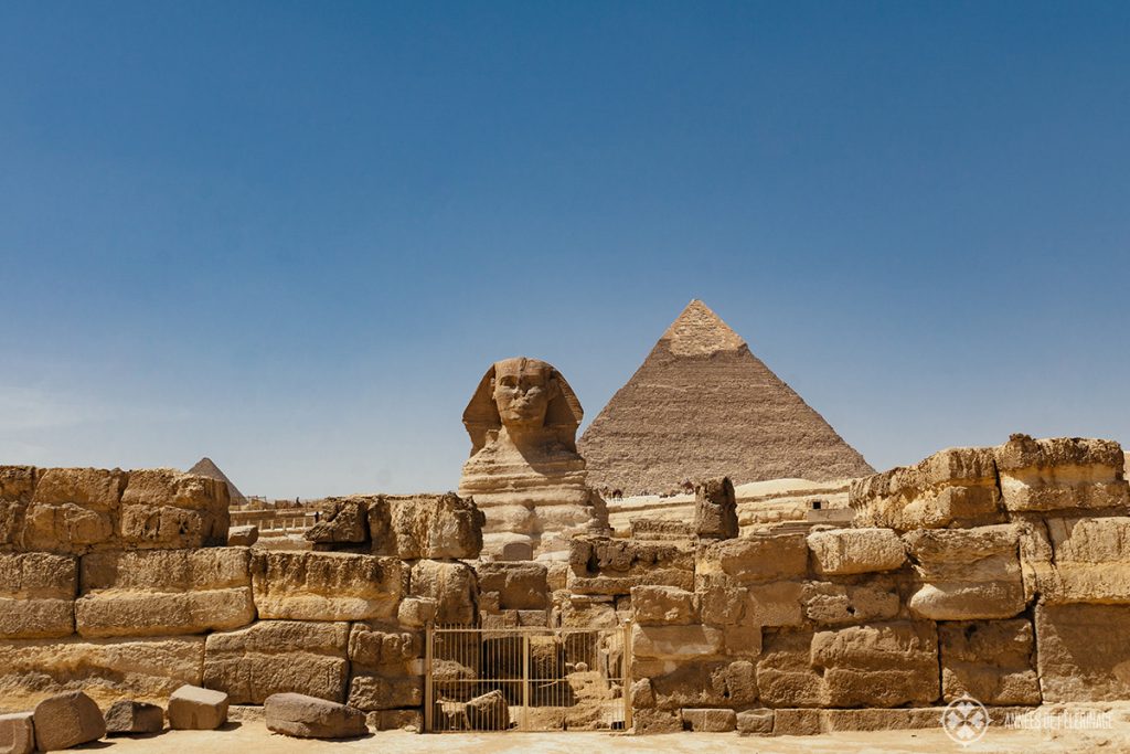 The Sphinx with the Pyramids in the background