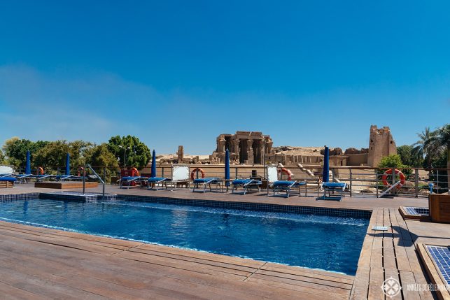 The pool on the sun deck with the temple of Kom Ombo on the back ground