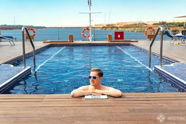 The pool of the Oberoi Zahara luxury Nile cruise ship in Egypt - no Oberoi Zahra review would be complete without a pool pic!